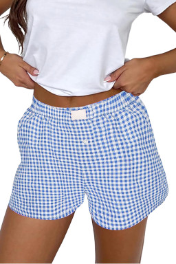 Blue Vintage Gingham Print High Waisted Loose Shorts