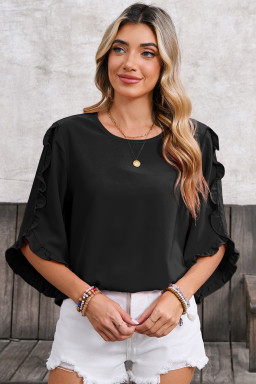 Black Frill Trim Plain Tulip Sleeve Blouse