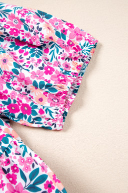 Pink Plus Size Floral Half Button Puff Sleeve A Line Dress