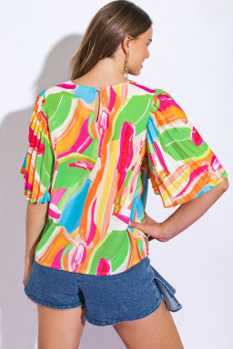 Multicolour Abstract Print Keyhole Back Pleated Half Sleeve Blouse