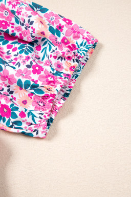 Pink Plus Size Floral Half Button Puff Sleeve A Line Dress