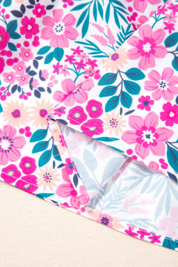 Pink Plus Size Floral Half Button Puff Sleeve A Line Dress