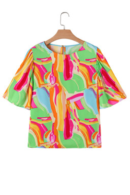 Multicolour Abstract Print Keyhole Back Pleated Half Sleeve Blouse