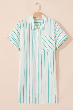 Green Stripe Plus Size Patch Pocket Shirt Mini Dress