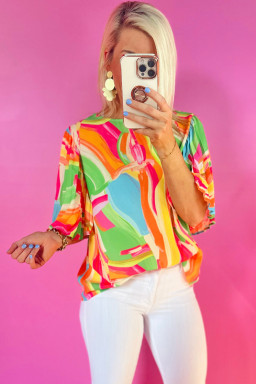 Multicolour Abstract Print Keyhole Back Pleated Half Sleeve Blouse