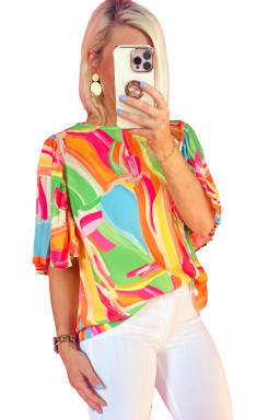 Multicolour Abstract Print Keyhole Back Pleated Half Sleeve Blouse