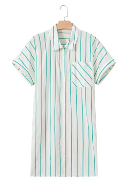 Green Stripe Plus Size Patch Pocket Shirt Mini Dress