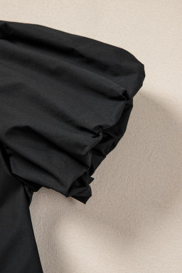 Black Button Down Puff Sleeve Ruched Ruffle Hem Dress