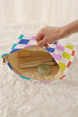 Pink Checkered Corduroy Zipper Makeup Bag