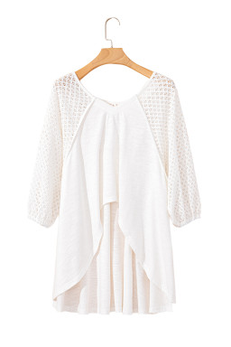 White Eyelet Patchwork High Low Hem V Neck Oversized Top