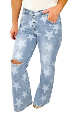 Sky Blue Star Print Multi Buttons Slit Knee Destroyed Plus Size Jeans