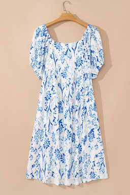 Sky Blue Floral Print Sweetheart Neck Plus Size Midi Dress