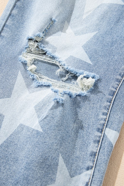 Sky Blue Star Print Multi Buttons Slit Knee Destroyed Plus Size Jeans
