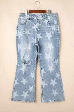 Sky Blue Star Print Multi Buttons Slit Knee Destroyed Plus Size Jeans