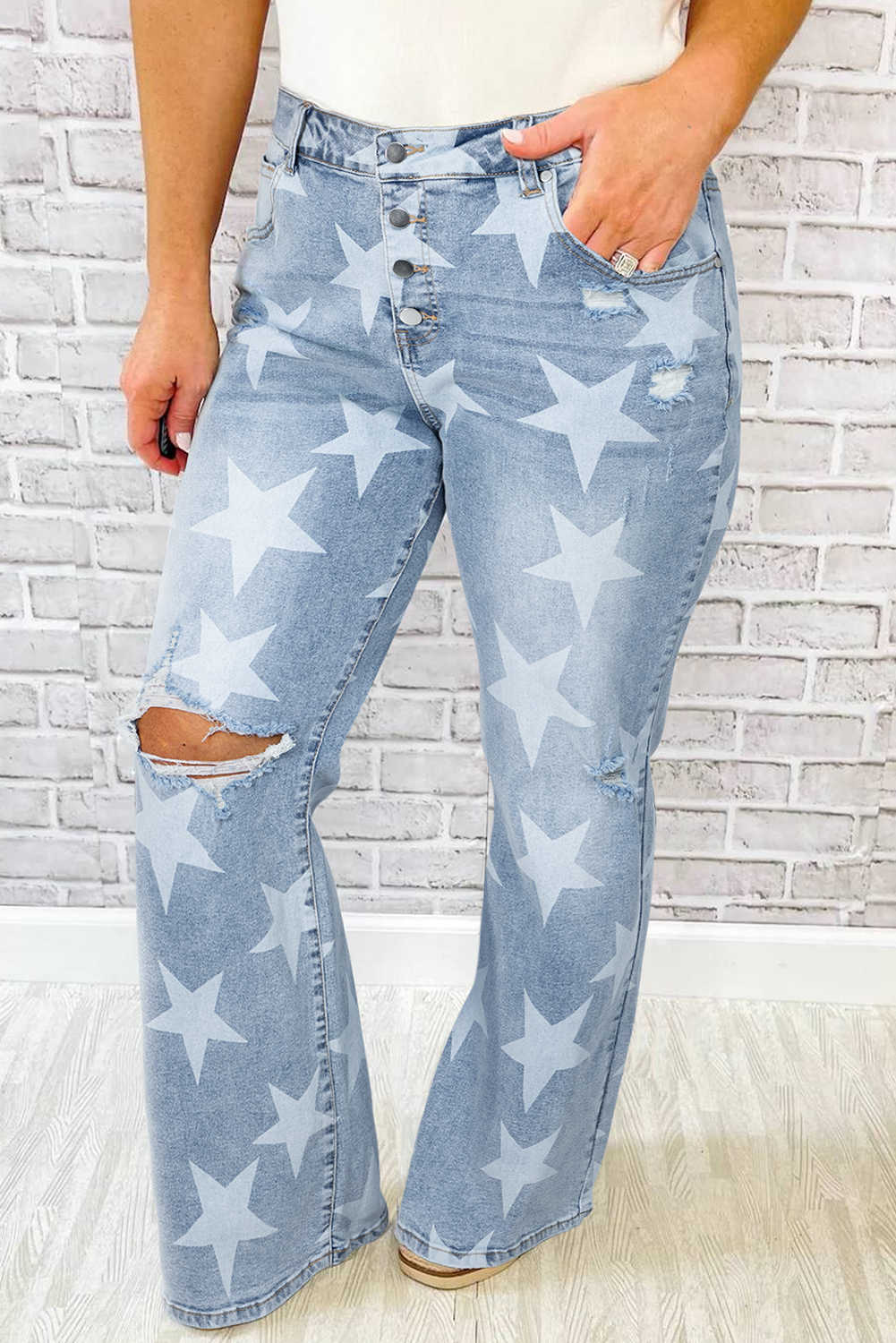 Sky Blue Star Print Multi Buttons Slit Knee Destroyed Plus Size Jeans