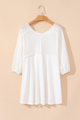 White Eyelet Patchwork High Low Hem V Neck Oversized Top