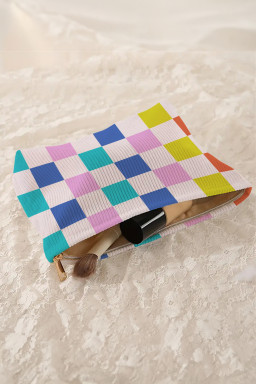 Pink Checkered Corduroy Zipper Makeup Bag