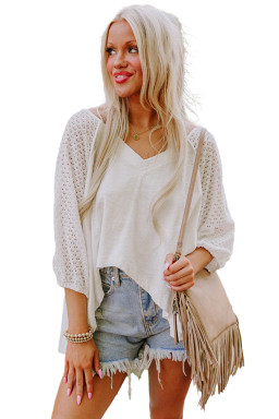 White Eyelet Patchwork High Low Hem V Neck Oversized Top