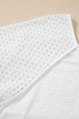 White Eyelet Patchwork High Low Hem V Neck Oversized Top