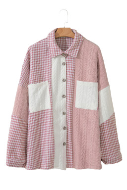 Pink Houndstooth Textured Patchwork Loose Shacket