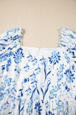 Sky Blue Floral Print Sweetheart Neck Plus Size Midi Dress