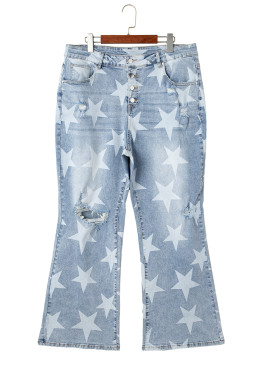 Sky Blue Star Print Multi Buttons Slit Knee Destroyed Plus Size Jeans