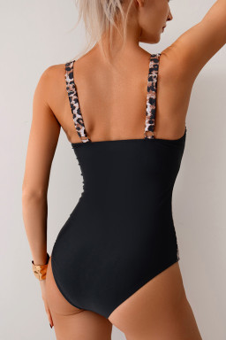 Black Color Block Leopard Print Strap One Piece Swimsuit