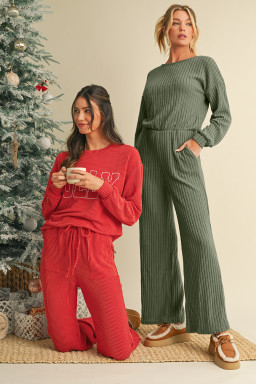 Fiery Red Crinkle Rib JOLLY Pattern Long Sleeve Top and Pockets Pants Set