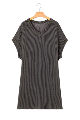 Carbon Grey Corded V Neck Plus Size Shirt Dress