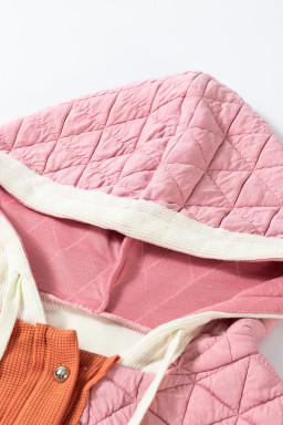 Coral Quilted Textured Patchwork Hooded Jacket