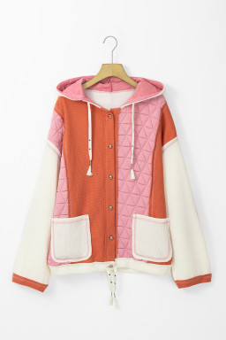 Coral Quilted Textured Patchwork Hooded Jacket
