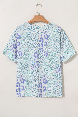 Sky Blue Leopard Print V Neck Short Sleeve Blouse