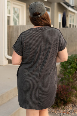 Carbon Grey Corded V Neck Plus Size Shirt Dress