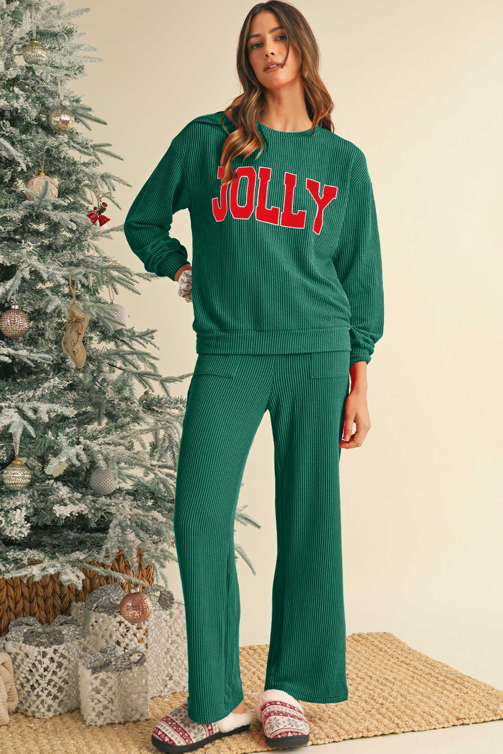 Evergreen Crinkle Rib JOLLY Pattern Long Sleeve Top and Pockets Pants Set