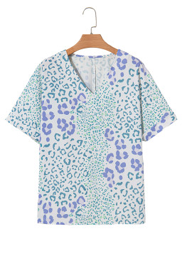 Sky Blue Leopard Print V Neck Short Sleeve Blouse