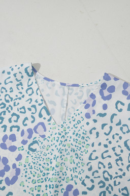 Sky Blue Leopard Print V Neck Short Sleeve Blouse