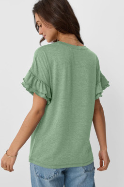 Grass Green Solid Color Ruffle Sleeve T-Shirt