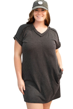 Carbon Grey Corded V Neck Plus Size Shirt Dress
