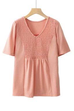Fushia Smocked Front V Neck Pleated Babydoll Short Sleeve Top