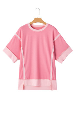 Peach Blossom Half Sleeve Raw Seam High Low Side Split Top