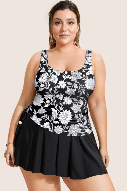 Black Plus Size Floral Print Drawstring Ruffled Tankini Set