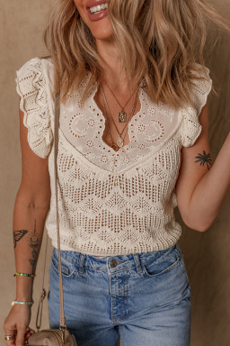 Beige Embroidered Patchwork Ruffle Hollow Out Knitted Top