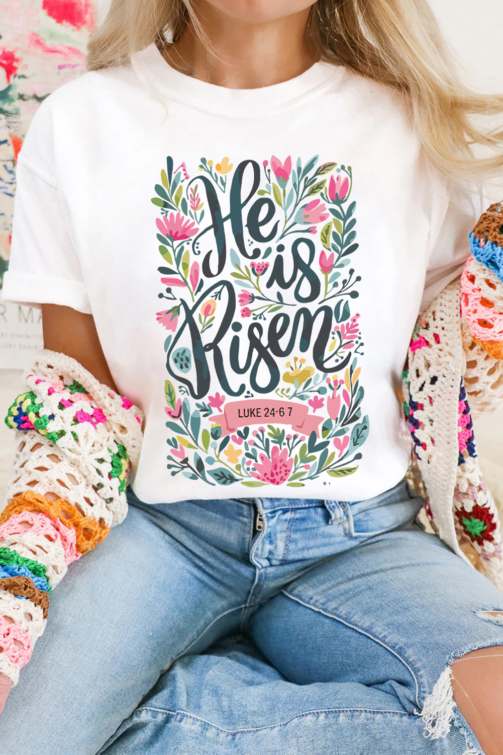 White He is Risen Floral Heat Transfer Printing Graphic T Shirt