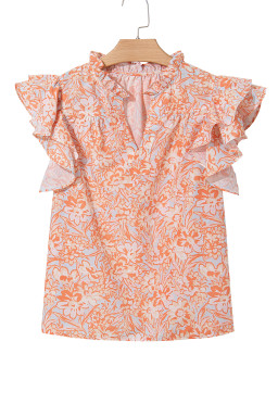 Orange Floral Ruffle Sleeve Split Neck Blouse