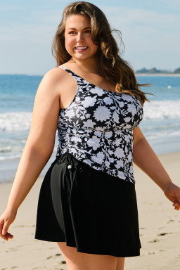 Black Plus Size Floral Print Drawstring Ruffled Tankini Set