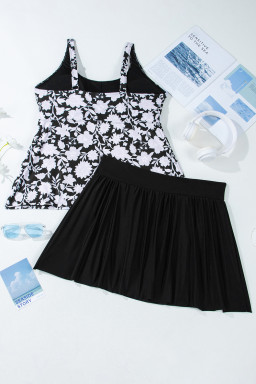 Black Plus Size Floral Print Drawstring Ruffled Tankini Set