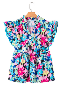 Blue Floral Flutter Sleeve Tied Notched Neck Plus Size Blouse