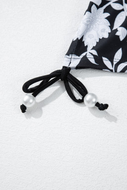 Black Plus Size Floral Print Drawstring Ruffled Tankini Set