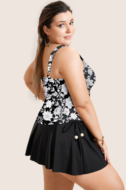 Black Plus Size Floral Print Drawstring Ruffled Tankini Set
