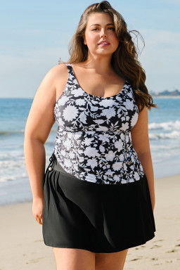 Black Plus Size Floral Print Drawstring Ruffled Tankini Set